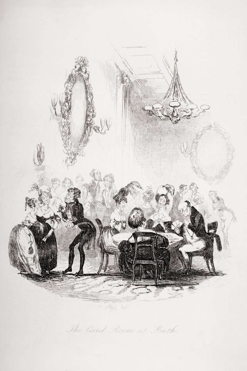 Pokój do gry w karty w Bath, ilustracja z "The Pickwick Papers", Charles Dickens (1812-70), opublikowana w 1837 r. autorstwa Hablot Knight Browne