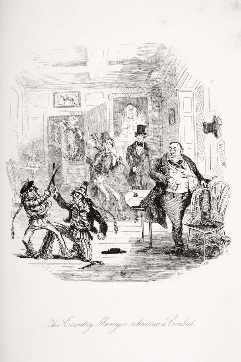 Gospodarz kraju ćwiczy walkę, ilustracja z „Nicholas Nickleby” Charlesa Dickensa (1812-70) opublikowana w 1839 r. autorstwa Hablot Knight Browne