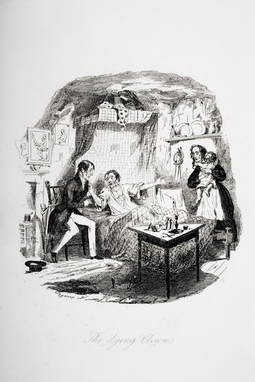 Umierający klaun, ilustracja z „The Pickwick Papers” Charlesa Dickensa (1812-70) z 1837 r. autorstwa Hablot Knight Browne