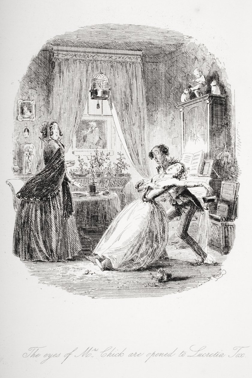 Oczy pani Chick otwierają się na Lucretia Tox, ilustracja z „Dombey and Son” Charlesa Dickensa (1812-70) opublikowana po raz pierwszy w 1848 r. autorstwa Hablot Knight Browne