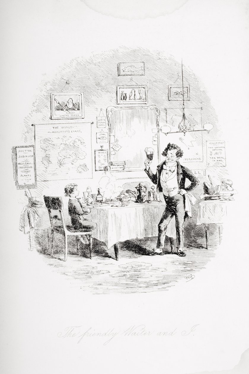 Przyjazny kelner i ja, ilustracja z „Dawida Copperfielda” Charlesa Dickensa (1812-70) opublikowana po raz pierwszy w 1850 r. autorstwa Hablot Knight Browne