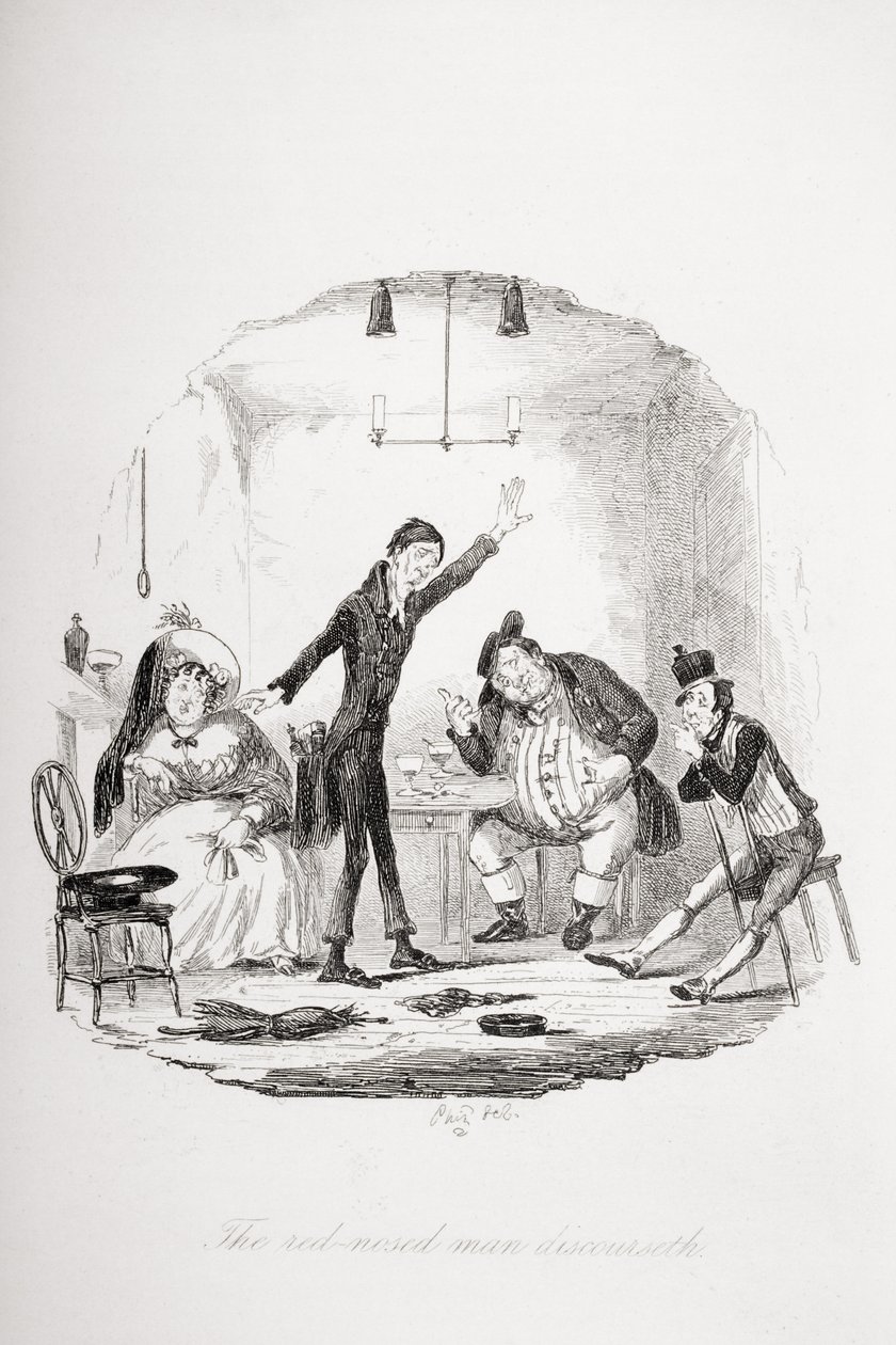 Dyskurs o czerwononosym człowieku, ilustracja z „Papierów Pickwicka” Charlesa Dickensa (1812-70) z 1837 r. autorstwa Hablot Knight Browne