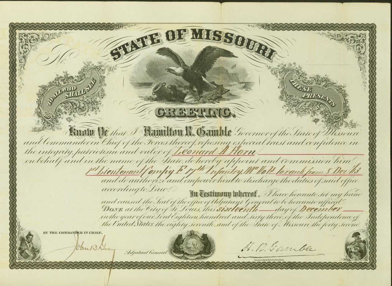 Mianuje Horn 1st Lieutenant, Company F, 17th Missouri Infantry, do rangi od 8 grudnia 1863 autorstwa Hamilton Rowan Gamble