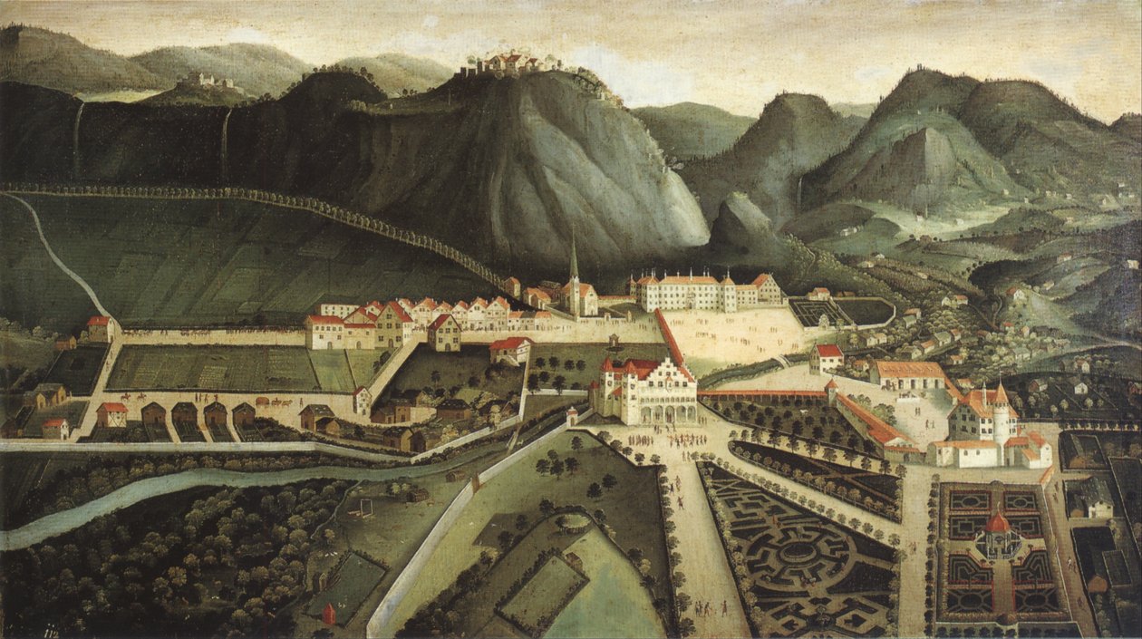 Widok na Hohenems z zamkiem, letnim domkiem i ogrodami autorstwa Hans Jakob Noppis