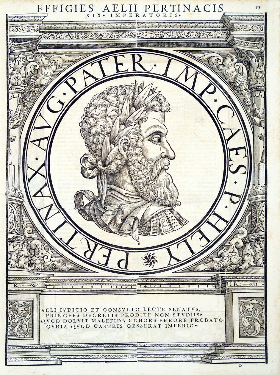 Aelius Pertinax, ilustracja z Imperatorum romanorum omnium orientalium et occidentalium verissimae imagines ex antiquis numismatis, drzeworyt Rudolpha Wyssenbacha, wydrukowany przez Andreasa Gesnera, Zuric autorstwa Hans Rudolf Manuel Deutsch