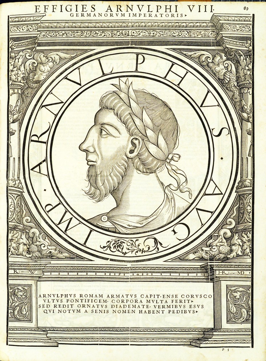 Arnulphus, ilustracja z Imperatorum romanorum omnium orientalium et occidentalium verissimae imagines ex antiquis numismatis, drzeworyt Rudolpha Wyssenbacha, wydrukowany przez Andreasa Gesnera, Zurych, 155. autorstwa Hans Rudolf Manuel Deutsch