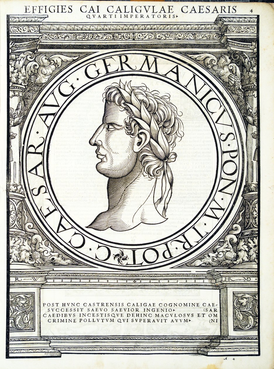 Caius Caligula, ilustracja z Imperatorum romanorum omnium orientalium et occidentalium verissimae imagines ex antiquis numismatis, drzeworyt Rudolpha Wyssenbacha, wydrukowany przez Andreasa Gesnera, Zurych. autorstwa Hans Rudolf Manuel Deutsch