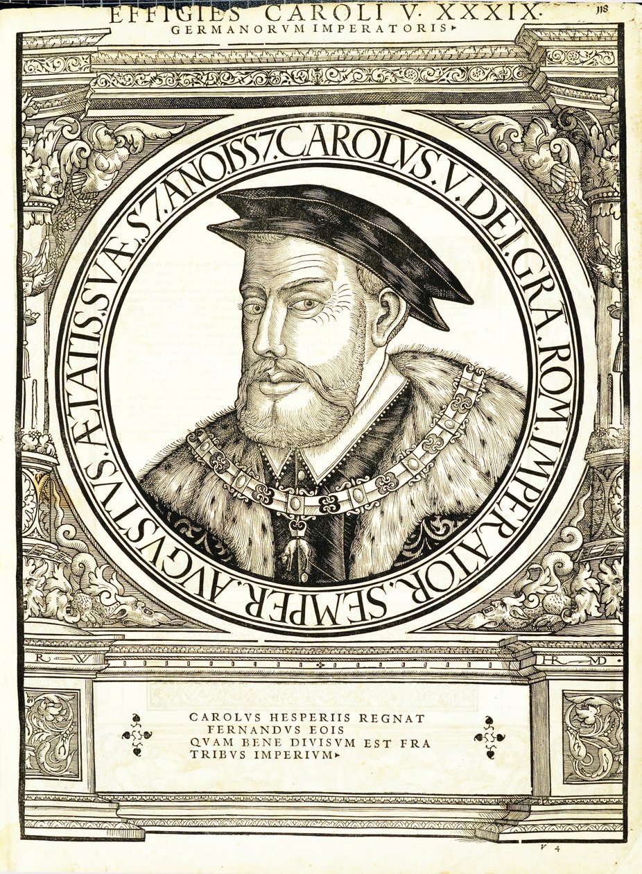 Karol V, ilustracja z „Cesarzy rzymskich całego Wschodu i Zachodu”, drzeworyt Rudolpha Wyssenbacha, druk Andreas Gesner, Zurych, 1 autorstwa Hans Rudolf Manuel Deutsch