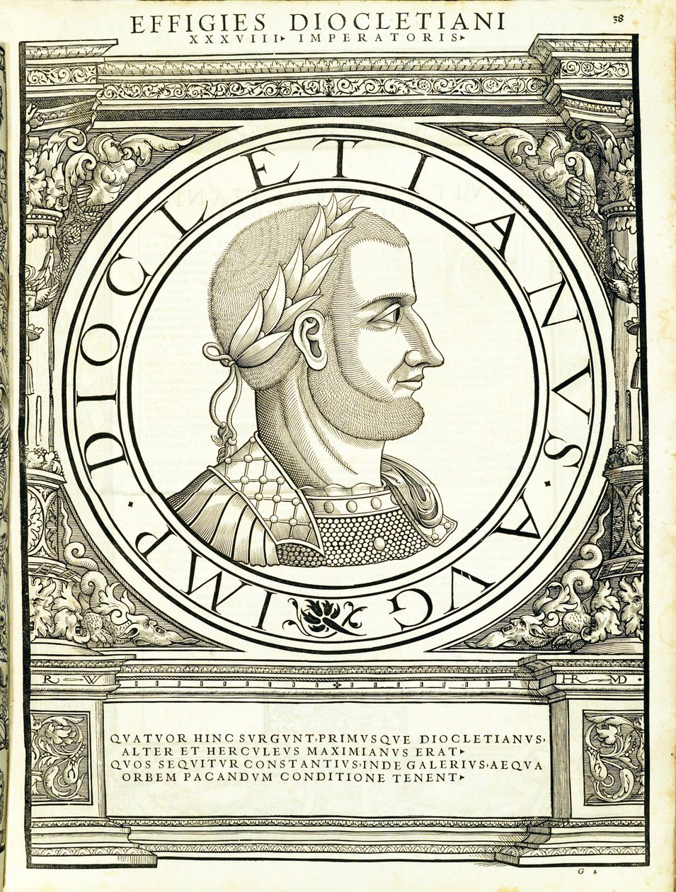Dioklecjan, ilustracja z „Cesarzy rzymskich całego Wschodu i Zachodu”, drzeworyt Rudolpha Wyssenbacha, druk Andreas Gesner, Zurych autorstwa Hans Rudolf Manuel Deutsch