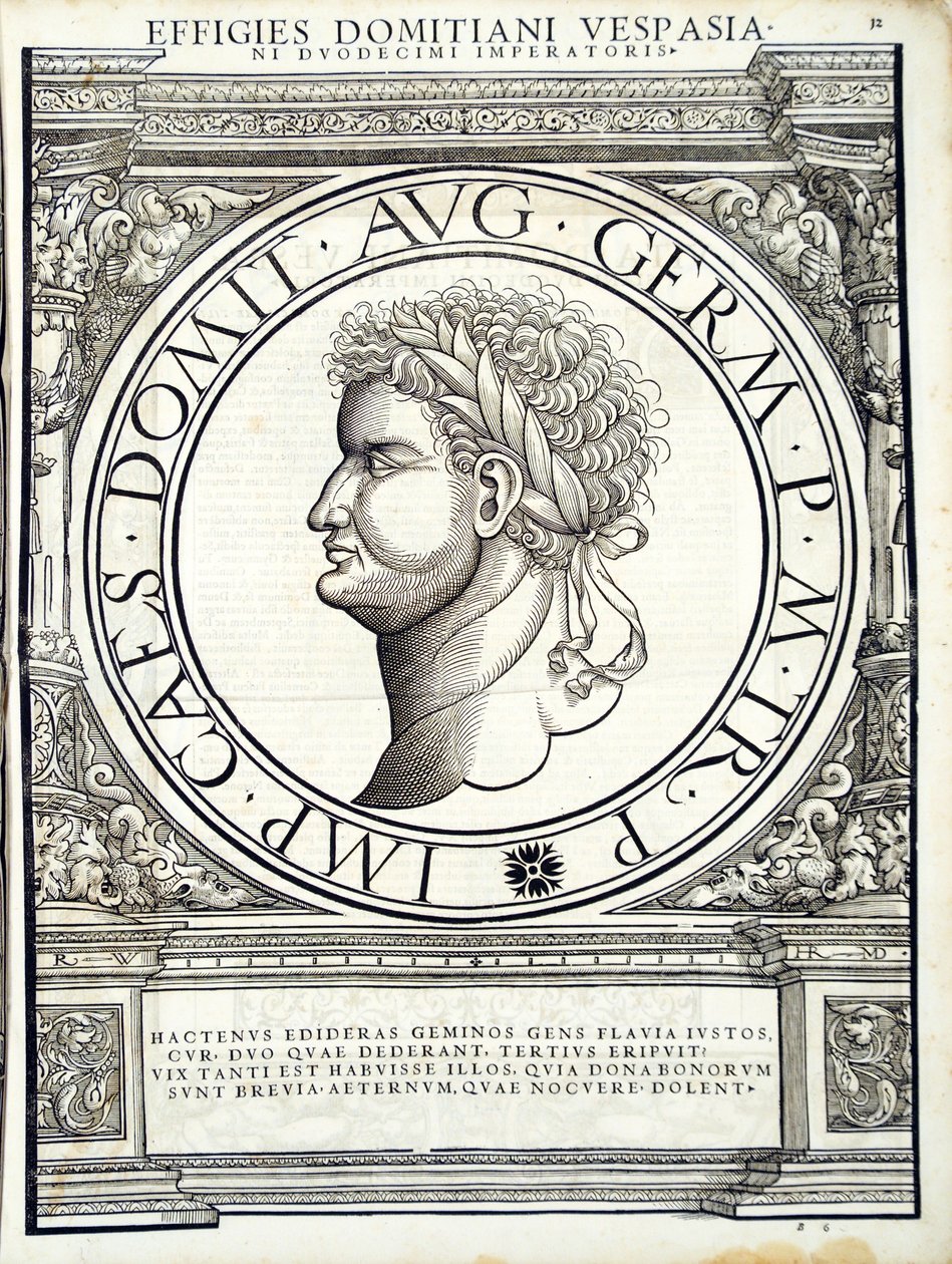Domitianus, ilustracja z Imperatorum romanorum omnium orientalium et occidentalium verissimae imagines ex antiquis numismatis, drzeworyt Rudolpha Wyssenbacha, wydrukowany przez Andreasa Gesnera, Zurych, 15 autorstwa Hans Rudolf Manuel Deutsch