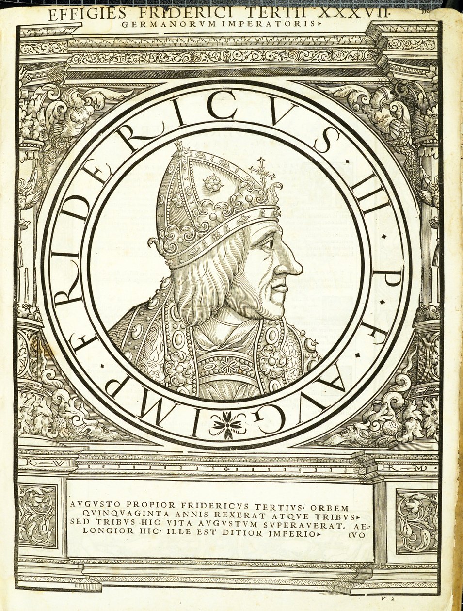 Fridericus III, ilustracja z Imperatorum romanorum omnium orientalium et occidentalium verissimae imagines ex antiquis numismatis, drzeworyt Rudolpha Wyssenbacha, wydrukowany przez Andreasa Gesnera, Zurych. autorstwa Hans Rudolf Manuel Deutsch