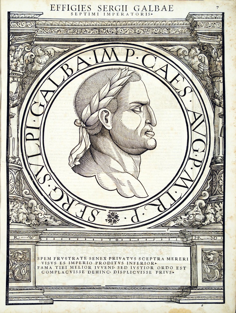 Galba, ilustracja z Imperatorum romanorum omnium orientalium et occidentalium verissimae imagines ex antiquis numismatis, drzeworyt Rudolpha Wyssenbacha, wydrukowany przez Andreasa Gesnera, Zurych, 1559 wo. autorstwa Hans Rudolf Manuel Deutsch
