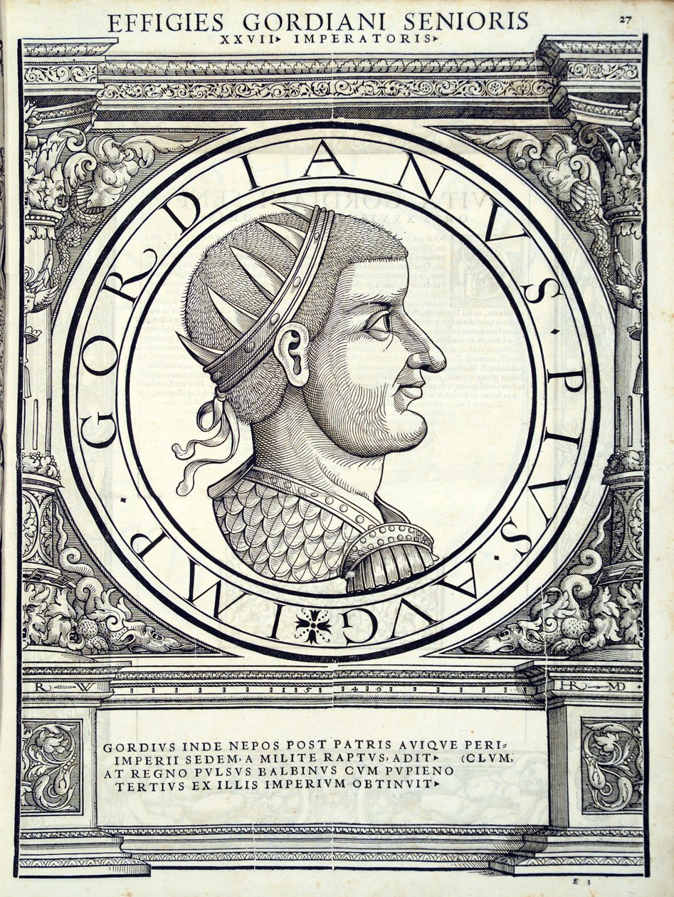 Gordianus, ilustracja z „Cesarzy rzymskich całego Wschodu i Zachodu”, drzeworyt Rudolpha Wyssenbacha, druk Andreas Gesner, Zurych, 1 autorstwa Hans Rudolf Manuel Deutsch