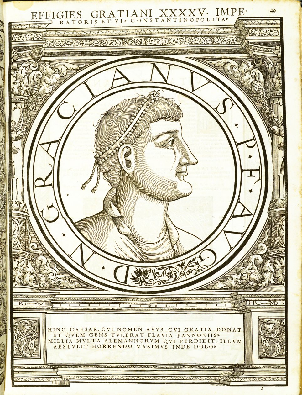 Gratianus, ilustracja z Imperatorum romanorum omnium orientalium et occidentalium verissimae imagines ex antiquis numismatis, drzeworyt Rudolpha Wyssenbacha, wydrukowany przez Andreasa Gesnera, Zurych, 155. autorstwa Hans Rudolf Manuel Deutsch