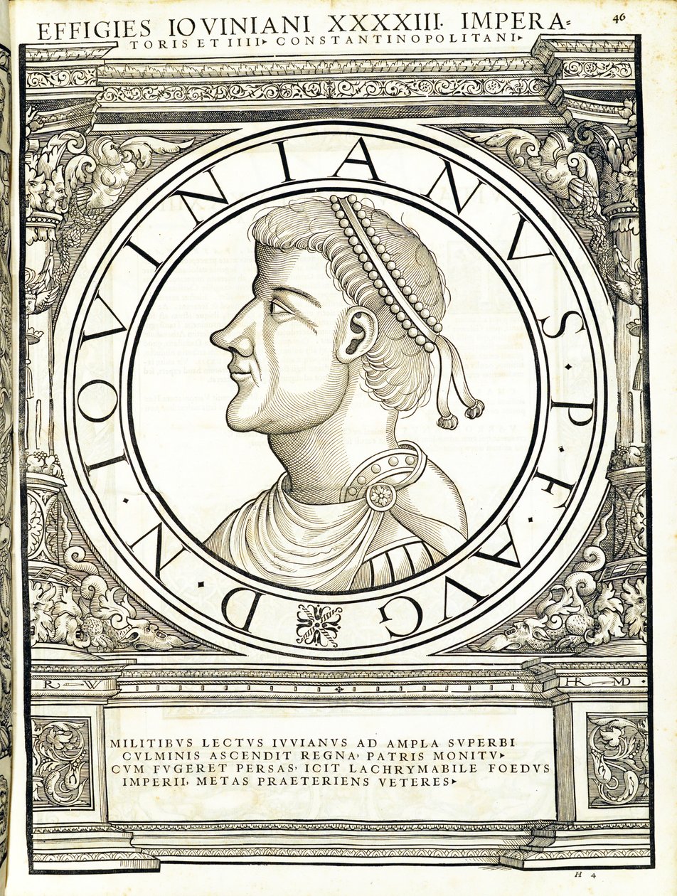 Iouinianus, ilustracja z Imperatorum romanorum omnium orientalium et occidentalium verissimae imagines ex antiquis numismatis, drzeworyt Rudolpha Wyssenbacha, wydrukowany przez Andreasa Gesnera, Zurych, 15 autorstwa Hans Rudolf Manuel Deutsch