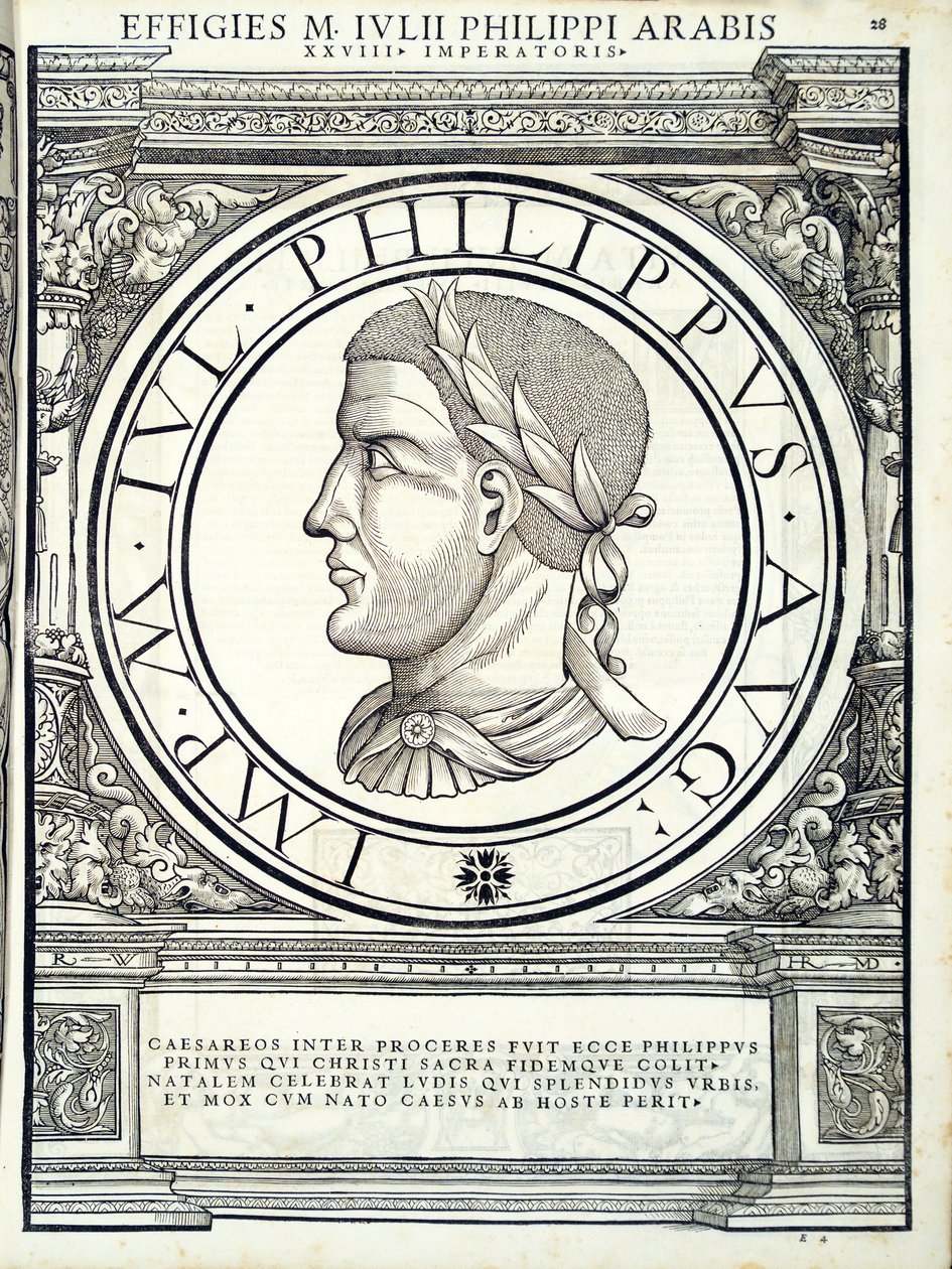 Iulius Philippus, ilustracja z Imperatorum romanorum omnium orientalium et occidentalium verissimae imagines ex antiquis numismatis, drzeworyt Rudolpha Wyssenbacha, wydrukowany przez Andreasa Gesnera, Zuri autorstwa Hans Rudolf Manuel Deutsch