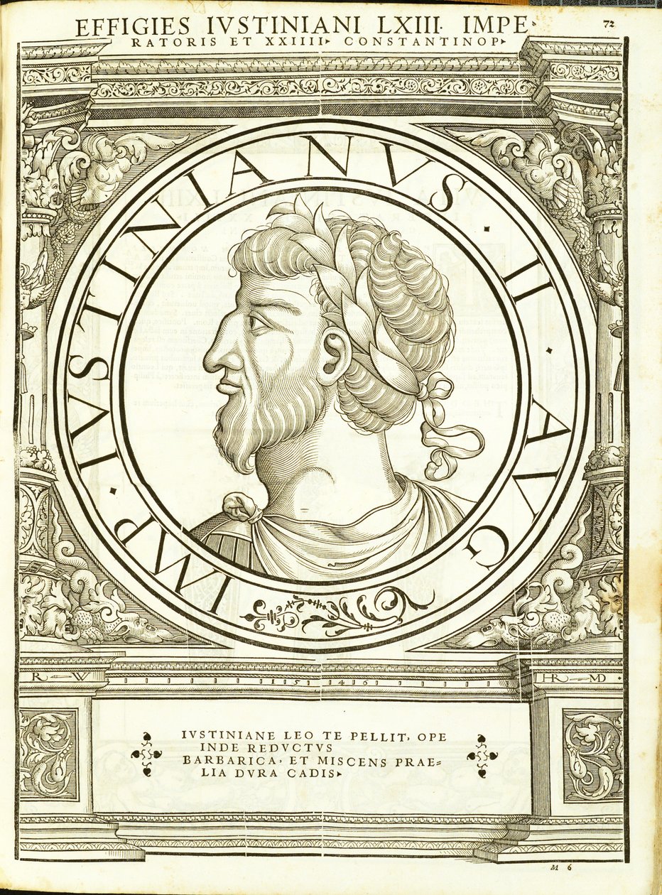 Iustinianus II, ilustracja z Imperatorum romanorum omnium orientalium et occidentalium verissimae imagines ex antiquis numismatis, drzeworyt Rudolpha Wyssenbacha, wydrukowany przez Andreasa Gesnera, Zurych. autorstwa Hans Rudolf Manuel Deutsch