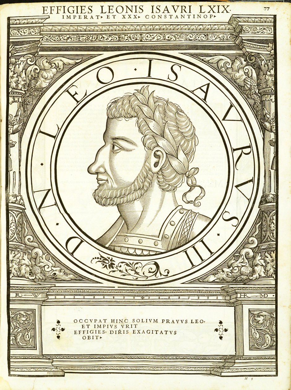 Leo Isaurus, ilustracja z „Cesarzy rzymskich całego Wschodu i Zachodu”, drzeworyt Rudolpha Wyssenbacha, druk Andreas Gesner, Zurych autorstwa Hans Rudolf Manuel Deutsch