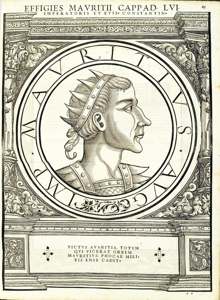 Mauritius, ilustracja z „Cesarzy rzymskich całego Wschodu i Zachodu”, drzeworyt Rudolpha Wyssenbacha, druk Andreas Gesner, Zurych, 1 autorstwa Hans Rudolf Manuel Deutsch
