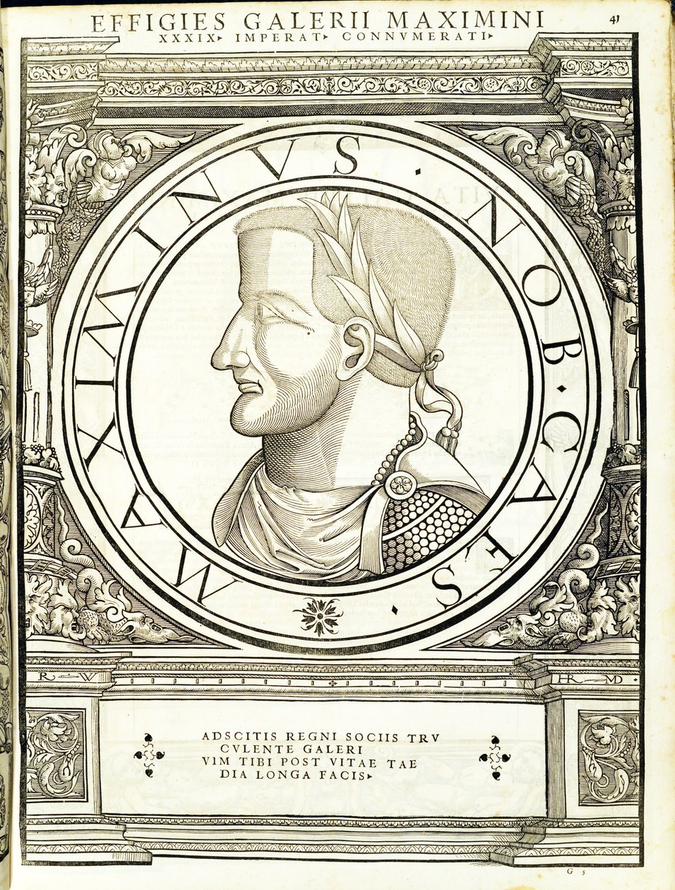 Maksymin II, ilustracja z „Cesarzy rzymskich całego Wschodu i Zachodu”, drzeworyt Rudolpha Wyssenbacha, druk Andreas Gesner, Zurych autorstwa Hans Rudolf Manuel Deutsch