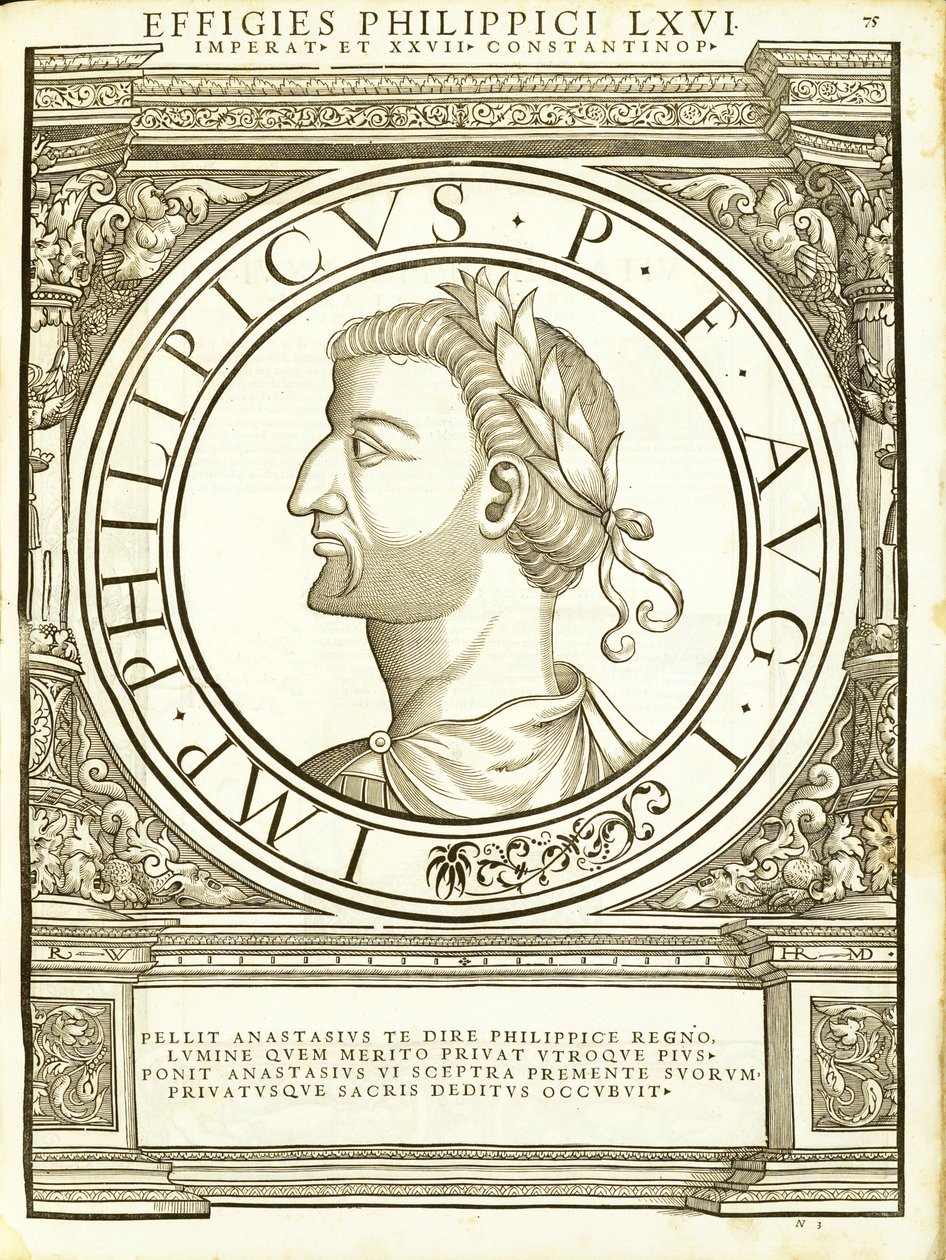 Philippicus, ilustracja z Imperatorum romanorum omnium orientalium et occidentalium verissimae imagines ex antiquis numismatis, drzeworyt Rudolpha Wyssenbacha, wydrukowany przez Andreasa Gesnera, Zurych, 1 autorstwa Hans Rudolf Manuel Deutsch