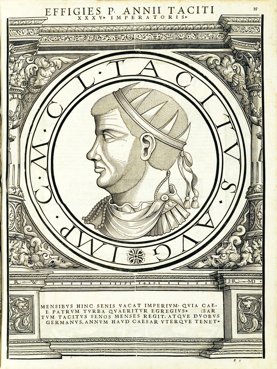 Tacitus, ilustracja z Imperatorum romanorum omnium orientalium et occidentalium verissimae imagines ex antiquis numismatis, drzeworyt Rudolpha Wyssenbacha, wydrukowany przez Andreasa Gesnera, Zurych, 1559 r. autorstwa Hans Rudolf Manuel Deutsch