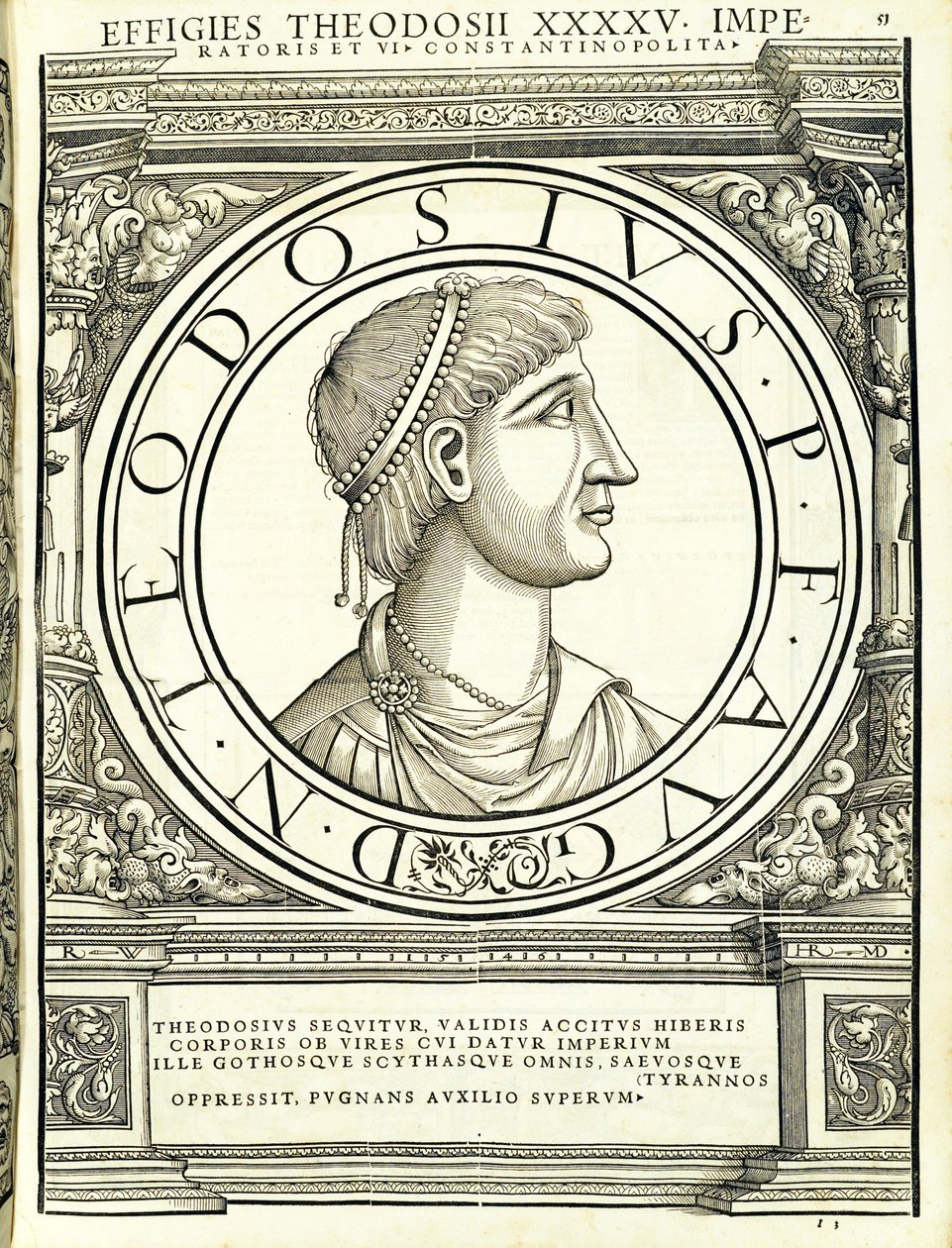 Teodozjusz I, ilustracja z "Imperatorum romanorum omnium orientalium et occidentalium verissimae imagines ex antiquis numismatis", drzeworyt Rudolpha Wyssenbacha, wydrukowany przez Andreasa Gesnera, Zurych. autorstwa Hans Rudolf Manuel Deutsch