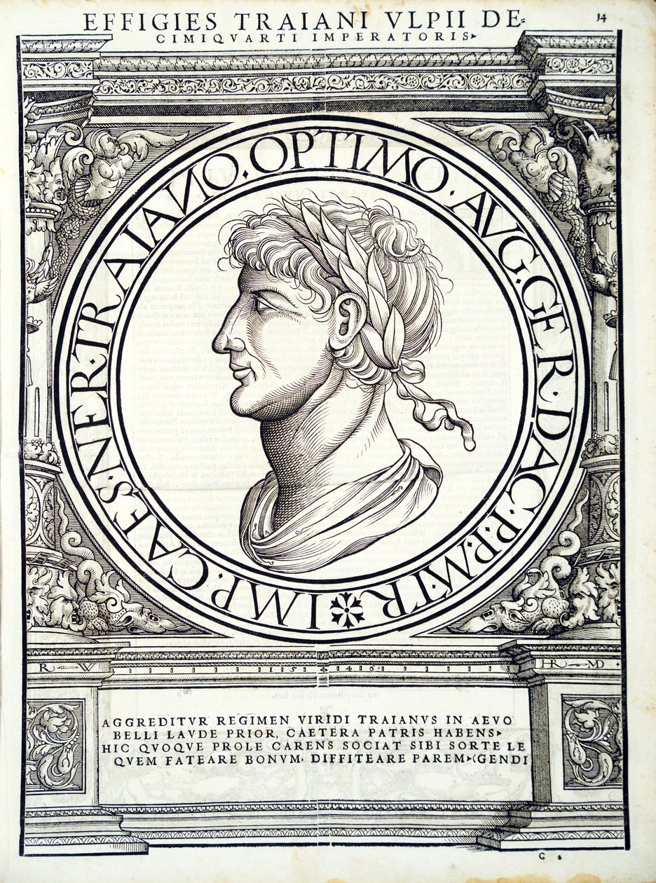 Traianus, ilustracja z „Cesarzy rzymskich całego Wschodu i Zachodu”, drzeworyt Rudolpha Wyssenbacha, druk Andreas Gesner, Zurych, 15. autorstwa Hans Rudolf Manuel Deutsch