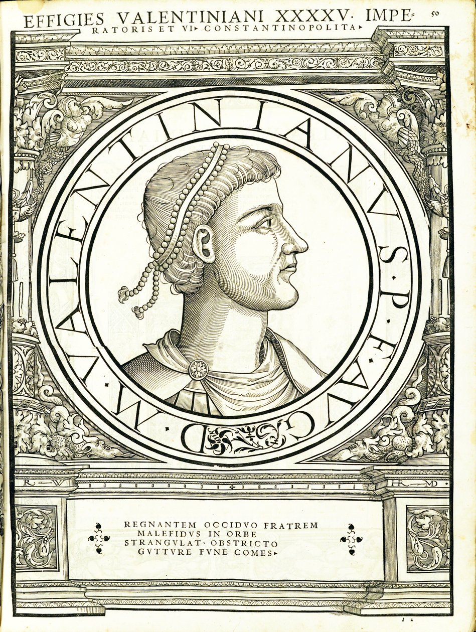 Valentinianus iunior, ilustracja z Imperatorum romanorum omnium orientalium et occidentalium verissimae imagines ex antiquis numismatis, drzeworyt Rudolpha Wyssenbacha, wydrukowany przez Andreasa Gesnera, autorstwa Hans Rudolf Manuel Deutsch