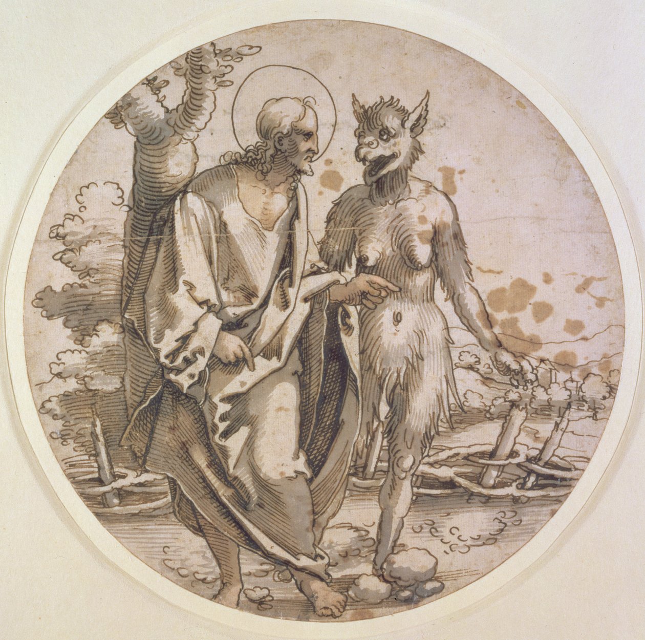 Kuszenie Chrystusa, ok. 1522 (pióro i atrament, wc i pranie na papierze) autorstwa Hans Sebald Beham