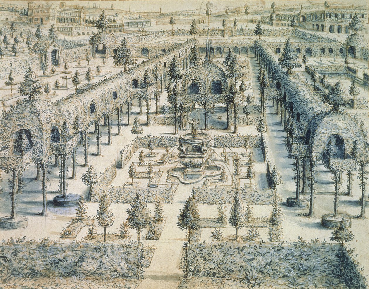 Projekt do ogrodu ozdobnego, 1576 (pióro, tusz i niebieskie pranie na papierze) autorstwa Hans or Jan Vredeman de Vries