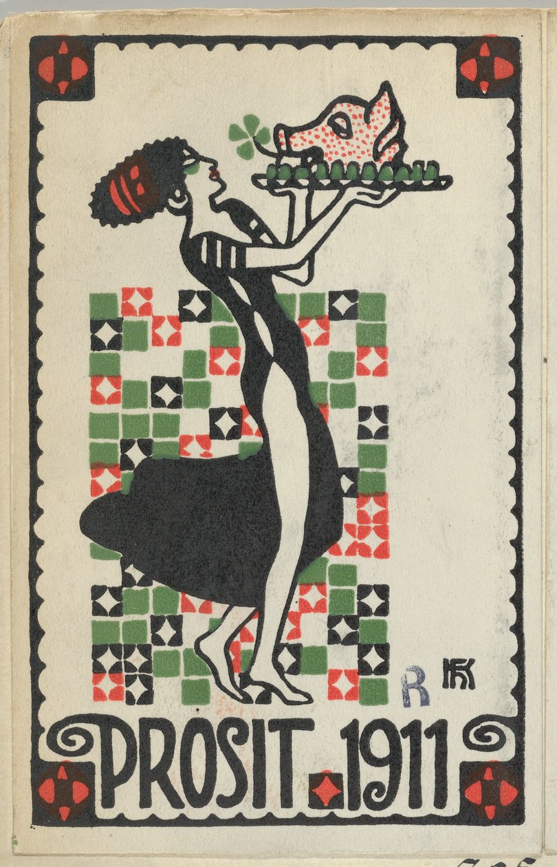 Karta noworoczna: Cheers 1911 Prosit, 1910. autorstwa Hans Kalmsteiner