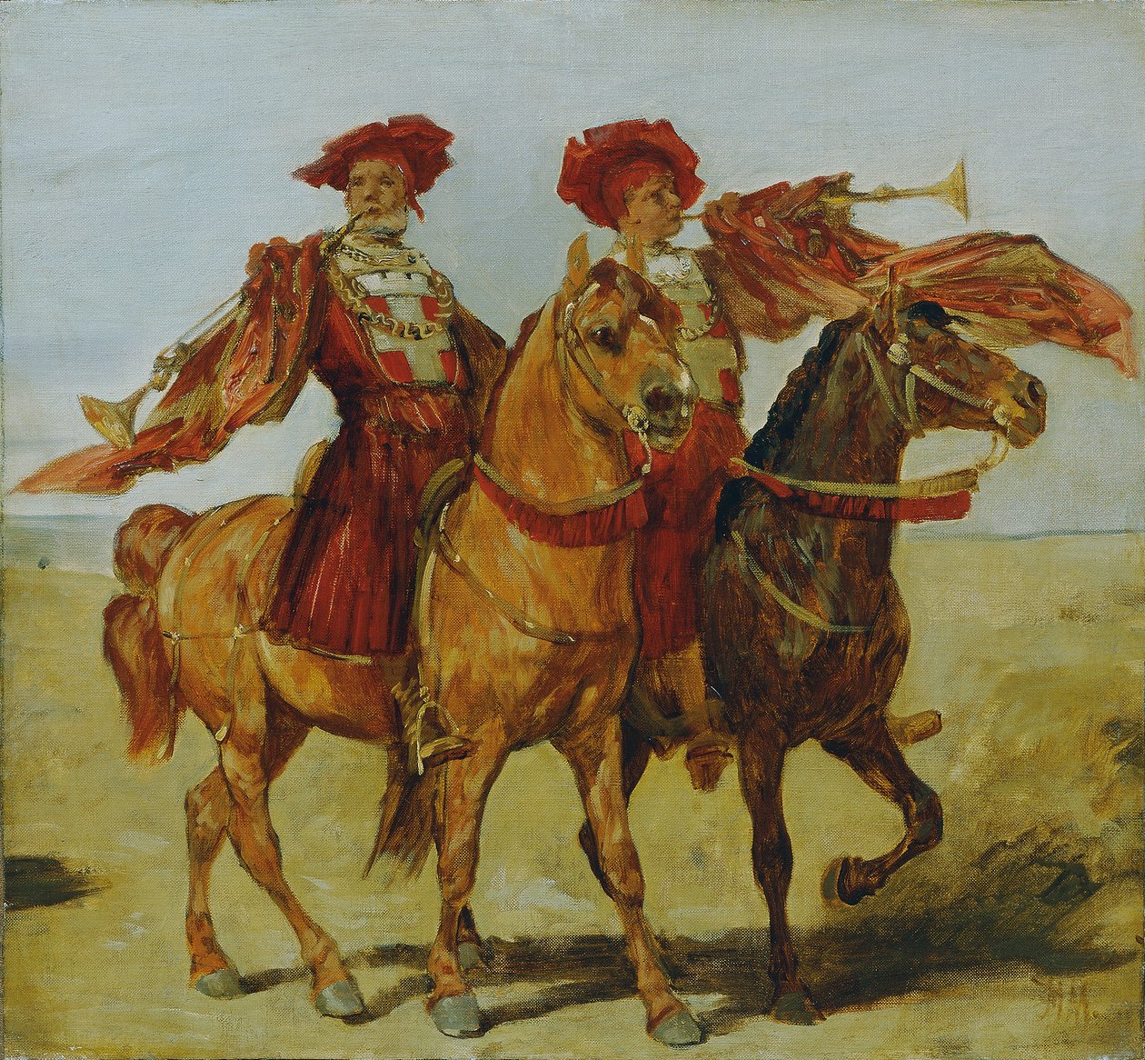 Dwóch konnych graczy fanfar autorstwa Hans Makart
