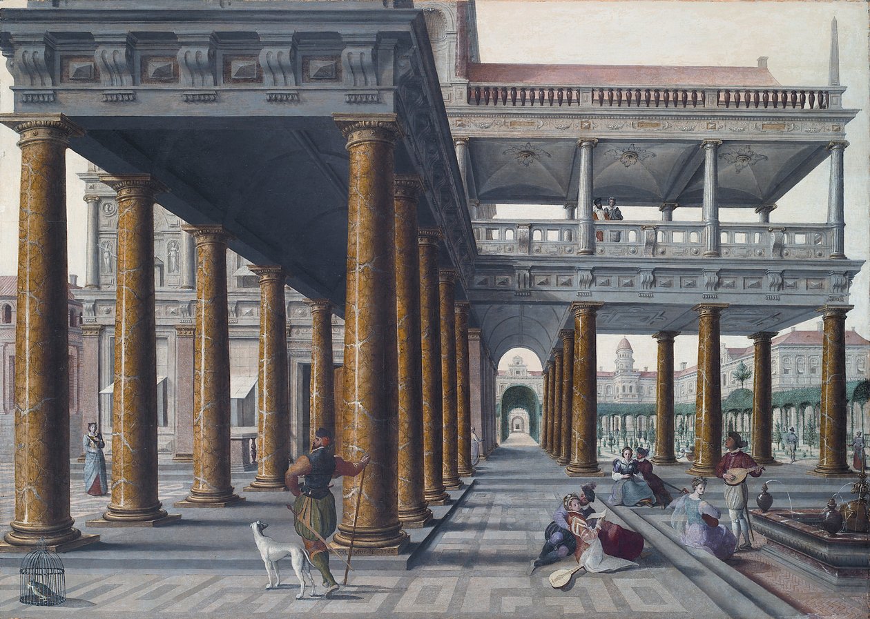 Architektoniczny kaprys z figurkami autorstwa Hans Vredeman de Vries