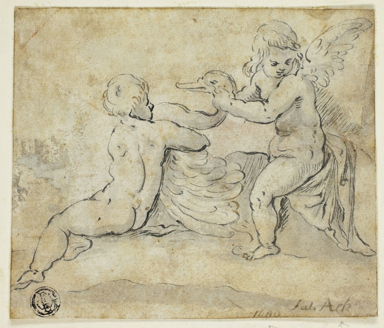 Putti Holding Swan autorstwa Hans von Aachen