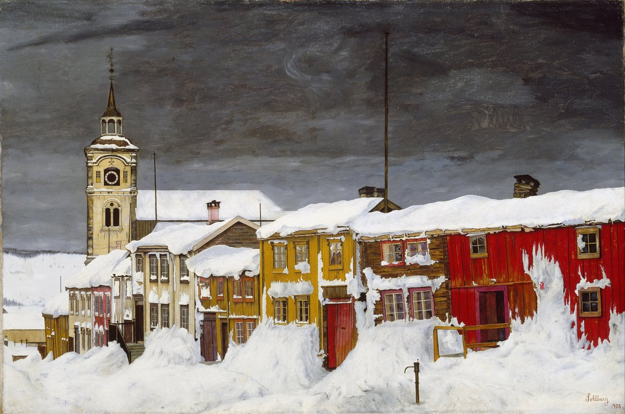 Ulica w Røros zimą autorstwa Harald Oscar Sohlberg
