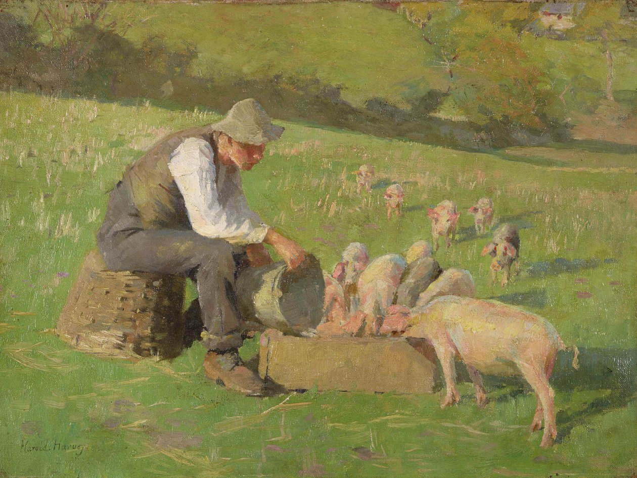 Czas karmienia (olej na płótnie) autorstwa Harold Harvey