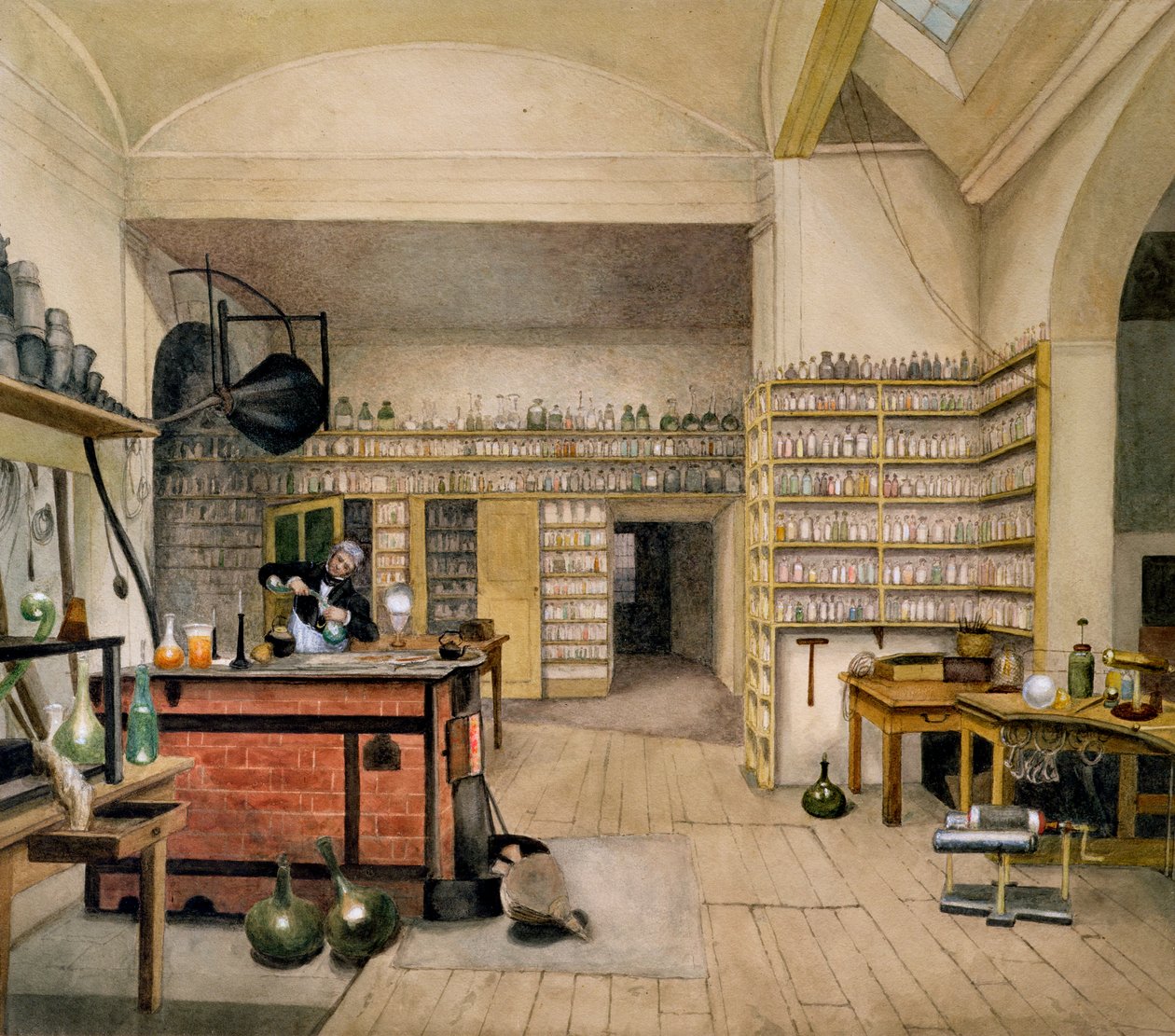 Michael Faraday (1791-1867) w swoim laboratorium w piwnicy, 1852 autorstwa Harriet Jane Moore