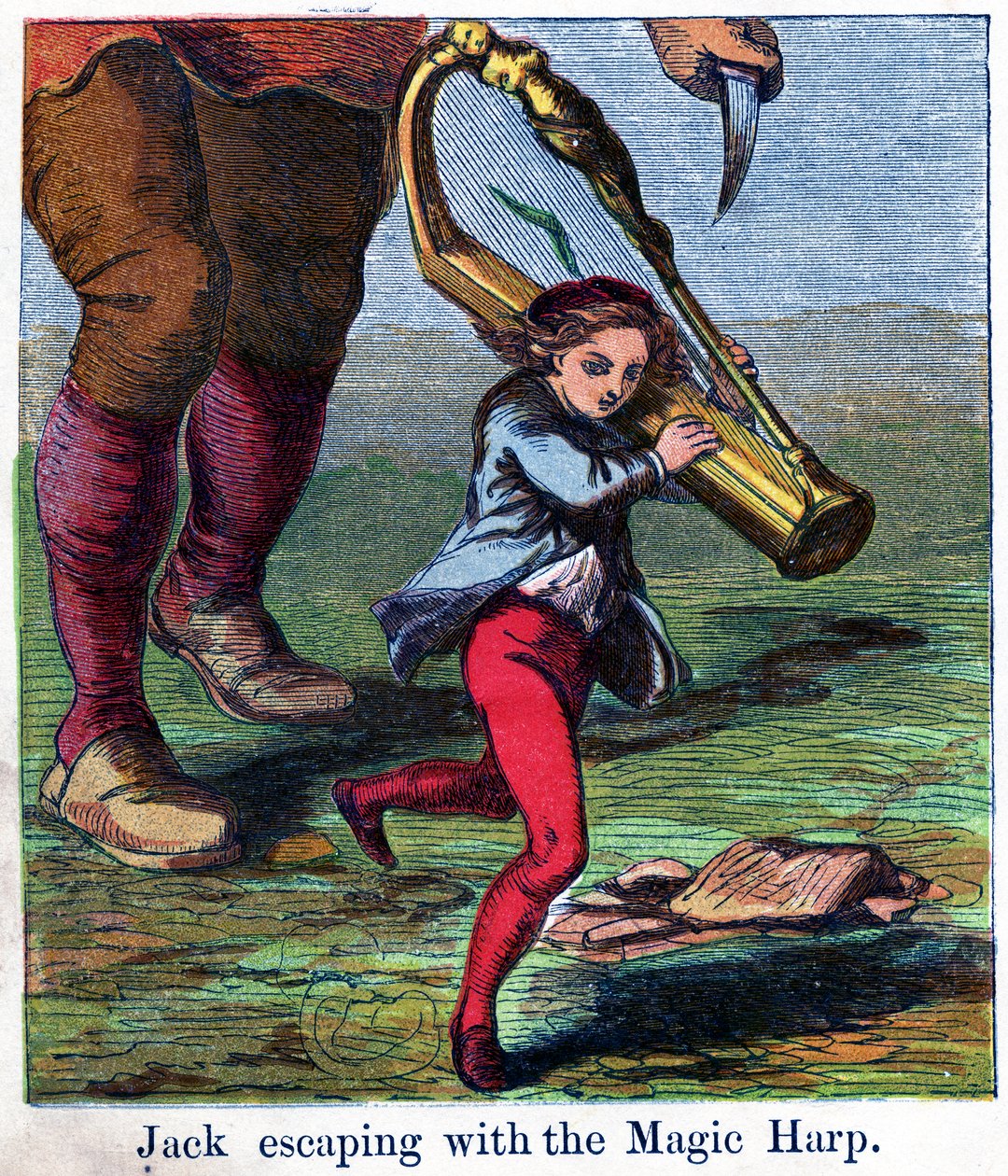Jack ucieka z magiczną harfą, 1867 (chromolitho) autorstwa Harrison William Weir
