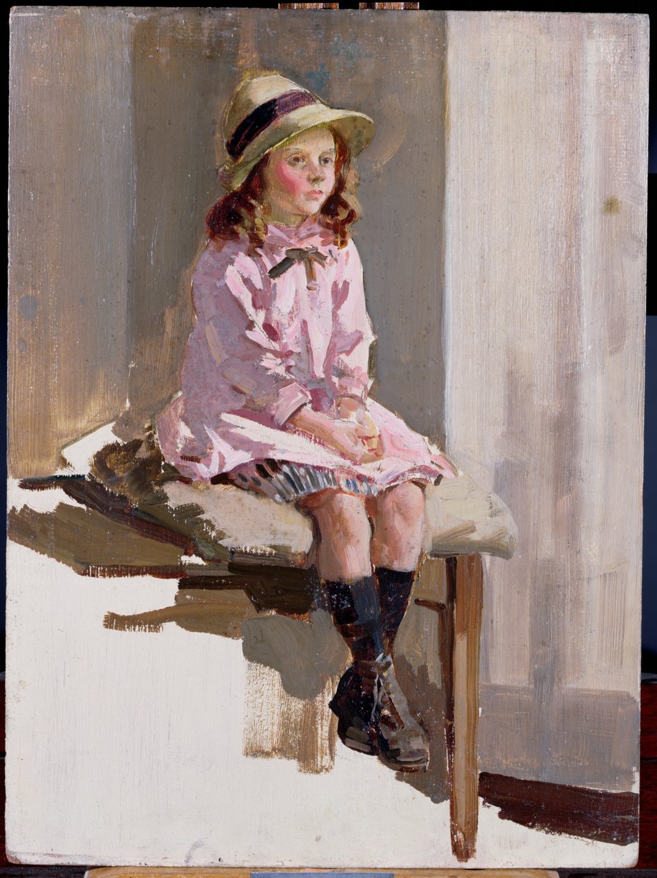 Portret młodej dziewczyny w różowej sukience i słomkowym kapeluszu (panel) autorstwa Harry Watson