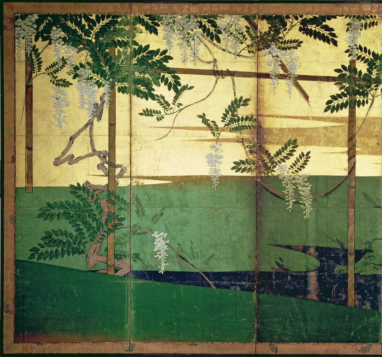 ویسټریا په ګلونو کې (قلم او رنګ، رنګ، په تخته کې د سرو زرو کاغذ) (216564 وګورئ) پولی autorstwa Hasegawa Soen