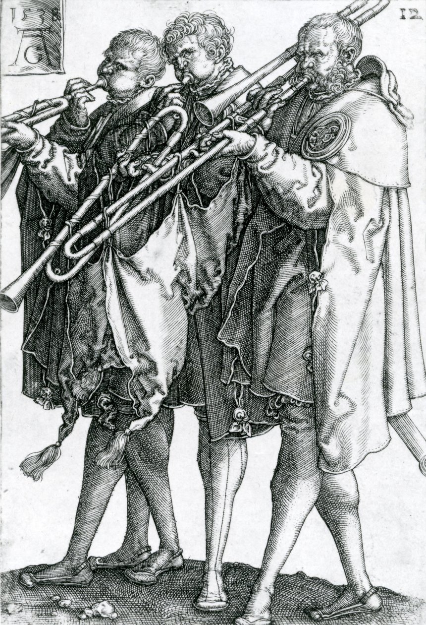 Mosiężni gracze z serii „Wielkie tańce weselne” 1538 autorstwa Heinrich Aldegrever