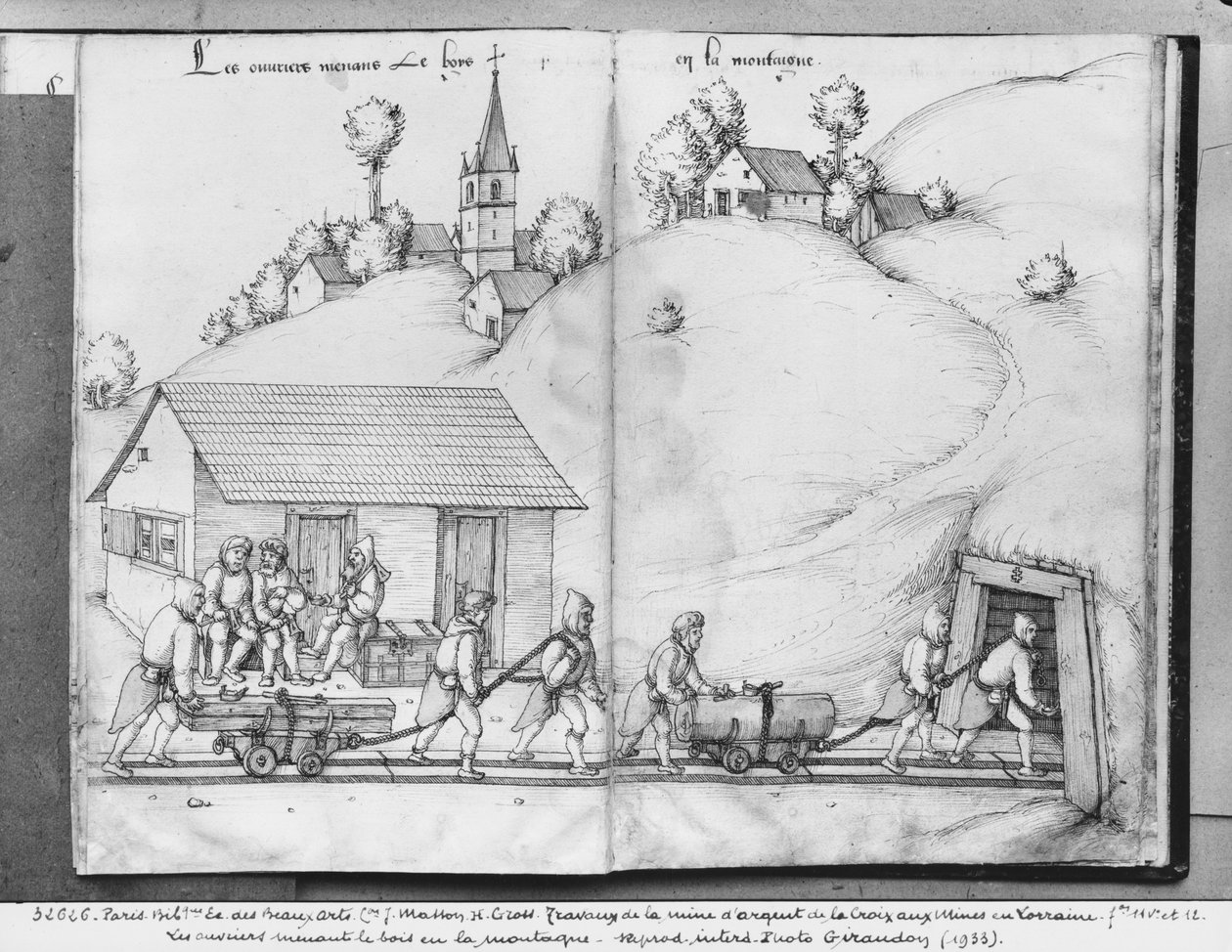Kopalnia srebra La Croix-aux-Mines, Lorraine, fol.11v i fol.12r, górnicy wnoszący drewno do kopalni, ok. 1530 (pióro i atrament i wc na papierze) autorstwa Heinrich Gross or Groff