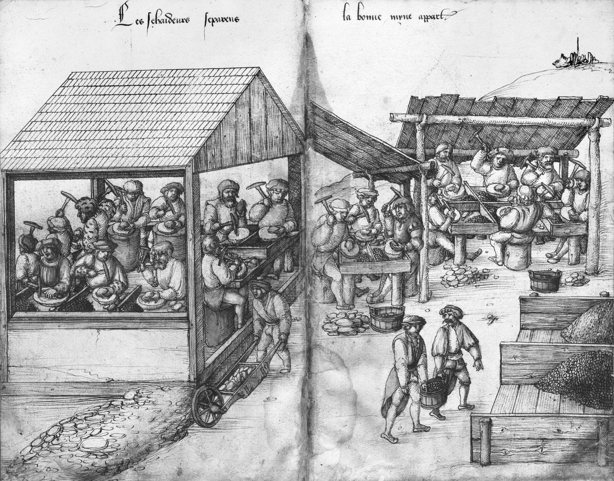Kopalnia srebra La Croix-aux-Mines, Lotaryngia, fol.15v i fol.16r, górnicy sortujący rudę, ok.1530 (pióro i atrament i wc na papierze) autorstwa Heinrich Gross or Groff