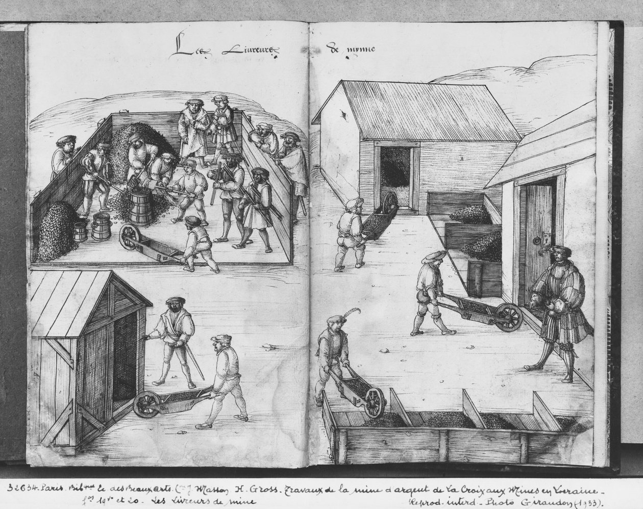 Kopalnia srebra La Croix-aux-Mines, Lotaryngia, fol.19v i fol.20r, dostarczająca rudę, ok. 1530 (pióro i atrament i toaleta na papierze) autorstwa Heinrich Gross or Groff