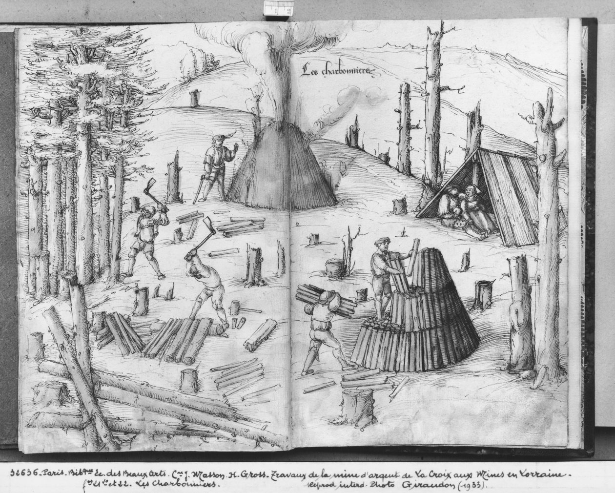 Kopalnia srebra w La Croix-aux-Mines, Lotaryngia, fol. 21v i 22r, węglarze, ok. 1530 (pióro, tusz i wc na papierze) autorstwa Heinrich Gross or Groff
