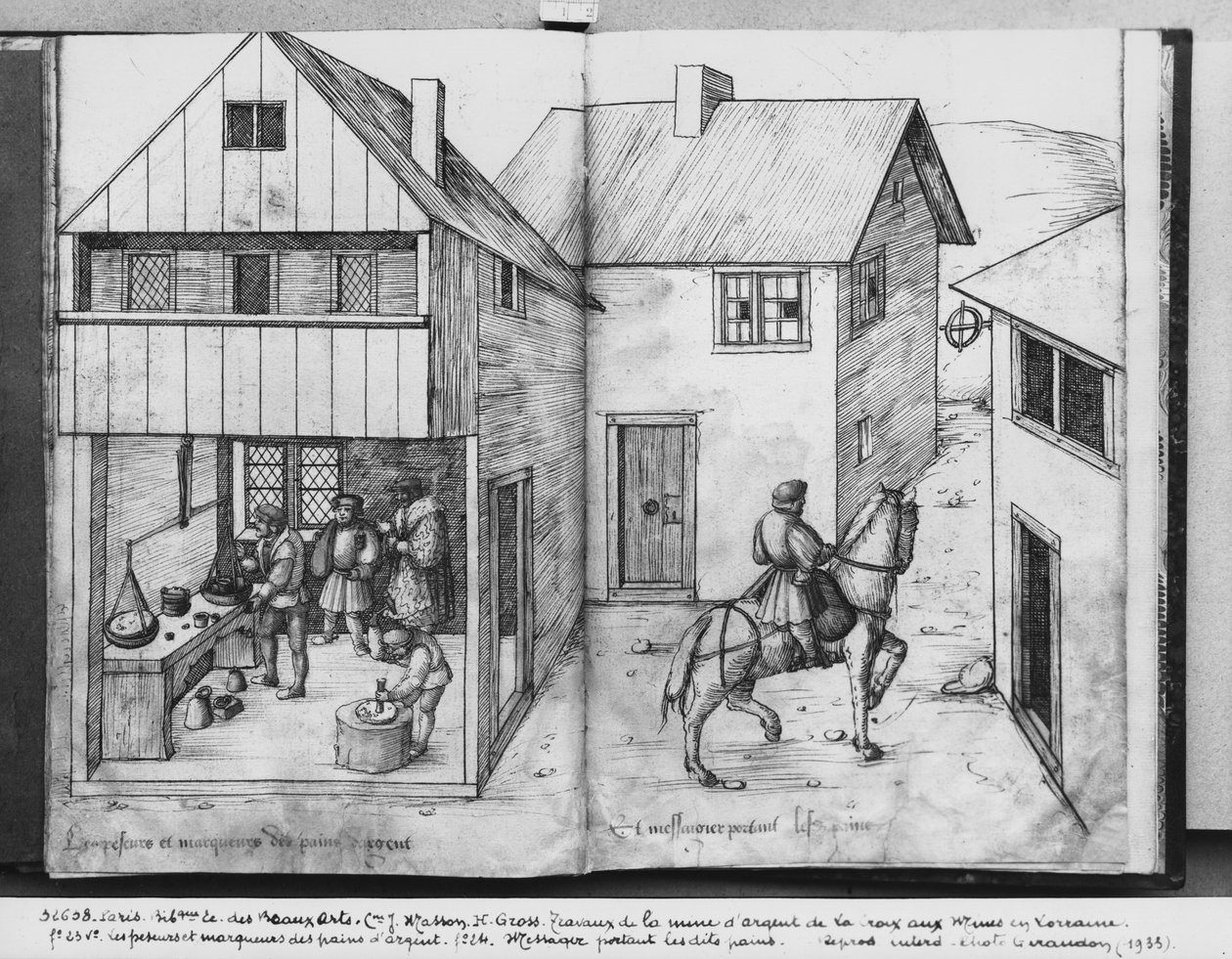Kopalnia srebra La Croix-aux-Mines, Lorraine, fol.23v i fol.24r, ważenie i stemplowanie sztabek srebra, posłaniec niosący sztabki, ok. 1530 (pióro i atrament i wc na papierze) autorstwa Heinrich Gross or Groff