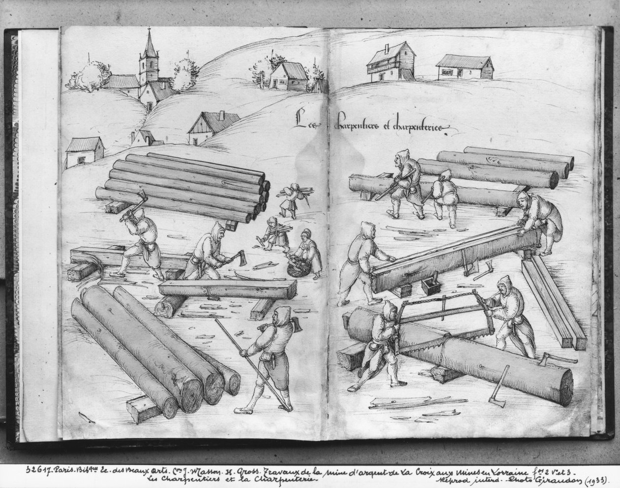 Kopalnia srebra La Croix-aux-Mines, Lotaryngia, fol.2v i fol.3r, stolarze i stolarstwo, ok. 1530 (pióro i atrament i wc na papierze) autorstwa Heinrich Gross or Groff