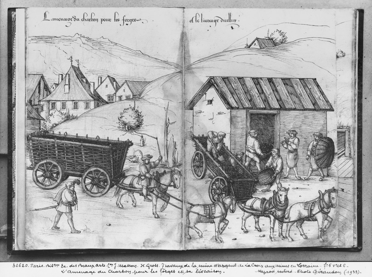 Kopalnia srebra La Croix-aux-Mines, Lorraine, fol.5v i fol.6r, transport i dostarczanie węgla dla kuźni, ok. 1530 (pióro i atrament i wc na papierze) autorstwa Heinrich Gross or Groff