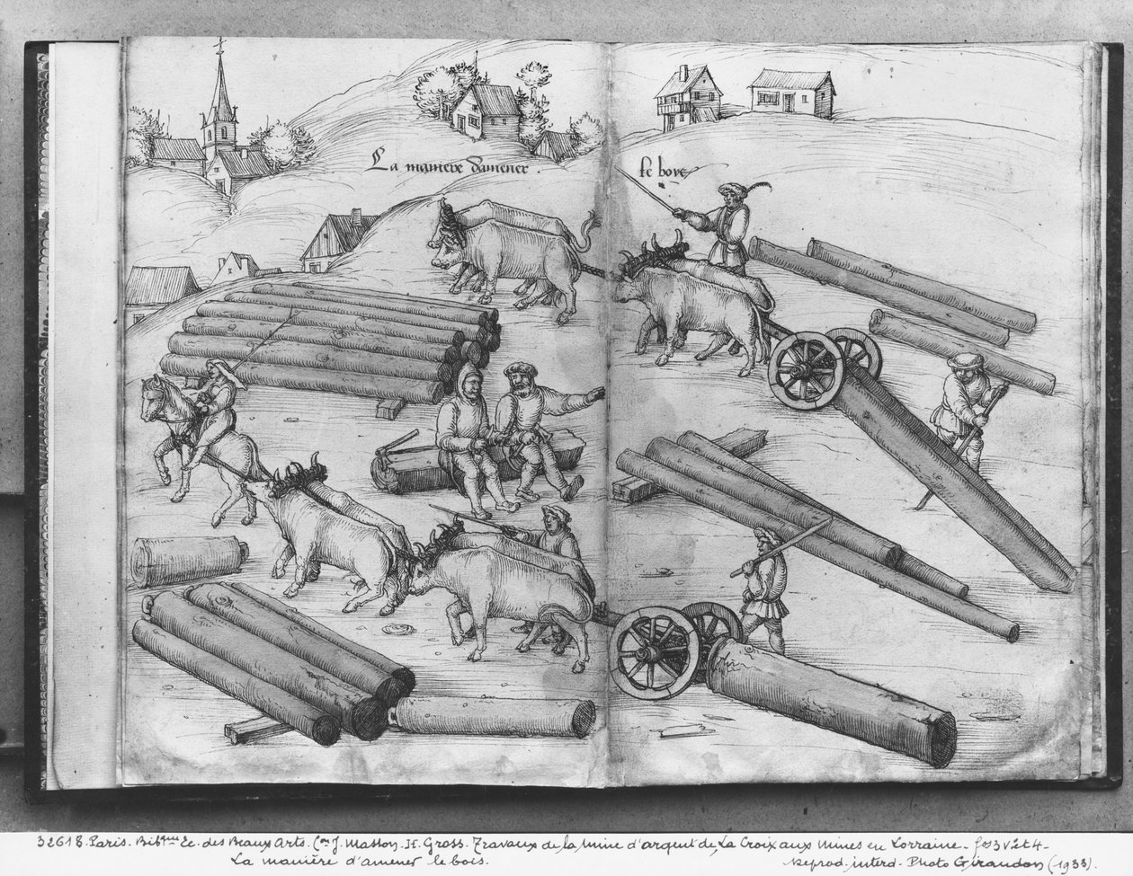 Kopalnia srebra La Croix-aux-Mines, Lotaryngia, fol.3v i 4r, transport drewna, ok. 1530 (pióro i atrament i toaleta na papierze) autorstwa Heinrich Gross or Groff